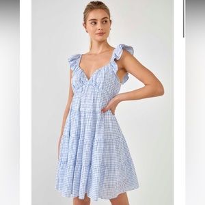 NWT ENGLISH FACTORY medium gingham printed blue & white tiered mini dress